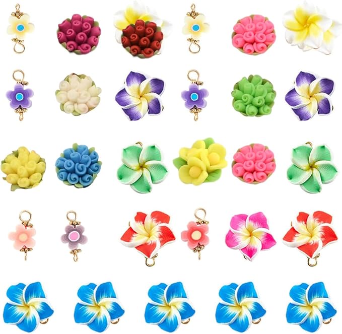 SUNNYCLUE 1 Box 60Pcs 3 Styles Flower Connector Charm Colorful Rose Links Floral Polymer Clay Beads Connectors Gold Plated for Jewelry Making Charms DIY Bracelets Findings, Mixed Colors