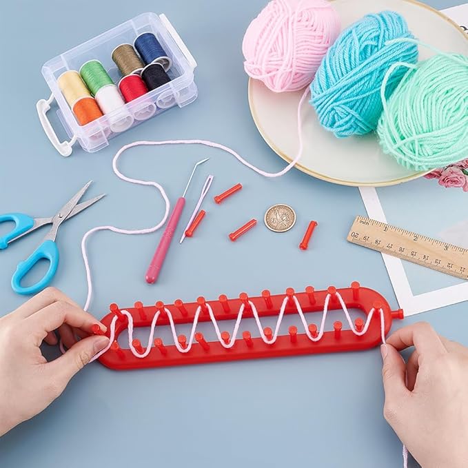 HOBBIESAY Long Knitting Loom 26cm Scarf Knitter Crochet Loom Rectangle Knitting Looms Knitting Kit with Hook Needle Red for Beginners Scarf Sweater Shawl Blankets Knittings Kit Hole:4mm