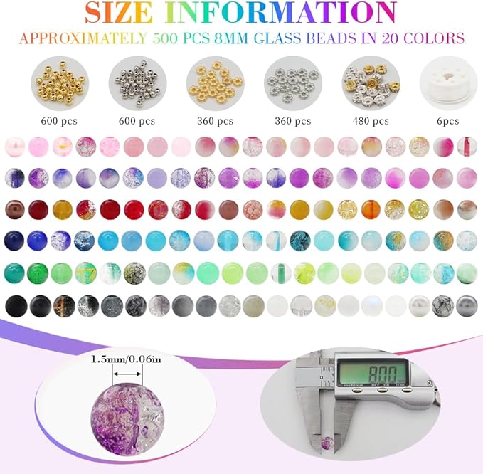 DIPSEOI 8mm Glass Beads for Bracelet Kit - 3000 Pcs Jewelry Making Kits Bead DIY with Spacer Charms (Multicolor 6 Boxes)