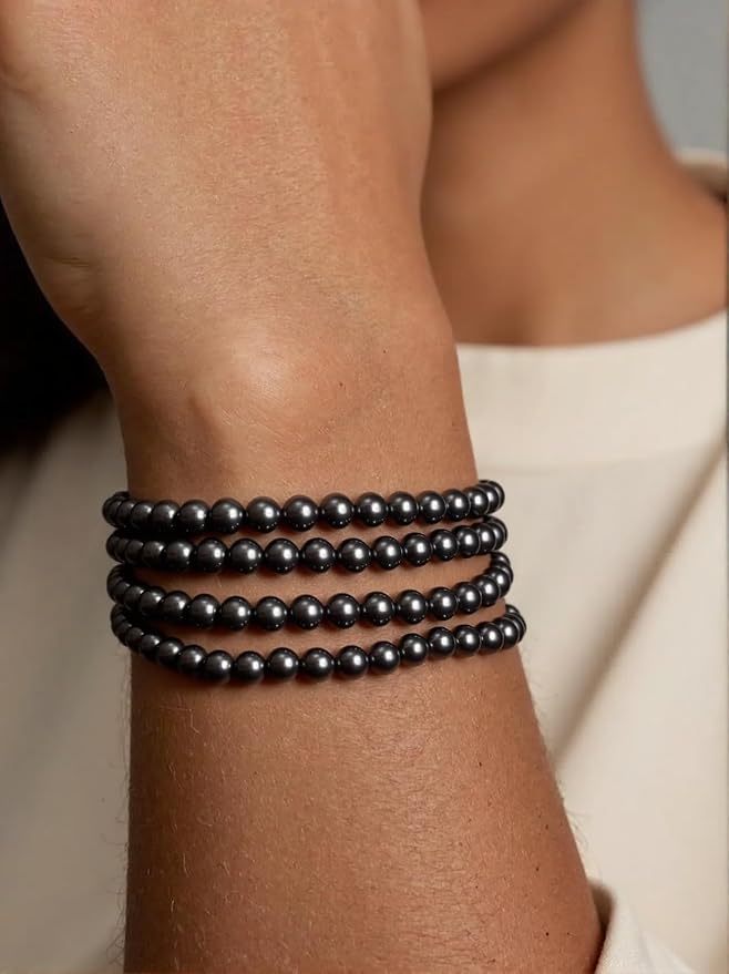 Stone Beads, 60pcs Black Hematite, 6mm Round Loose Beads for Jewelry Making, Bracelets, with Bag, String & Card