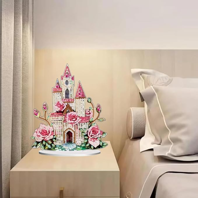 hyzsj DIY Diamond Desktop Ornament Castle Pink,Crystal Diamond Art Painting Tabletop Ornaments Single Sided,Ornament for Adult Beginner Home Office Decor Crafts Gift