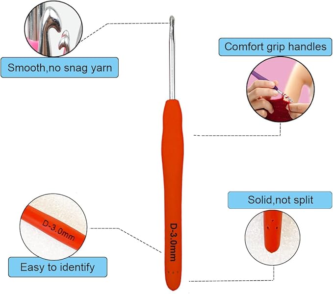 Mdoker Extra Long Crochet Hooks,Ergonomic Grip Soft Handles for Handmade DIY Crocheting,Crochet Hook Needles for Arthritic Hands,Size D(3.0MM)