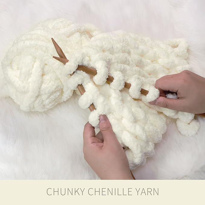 Milk White Chunky Chenille Yarn for Crocheting Bulky Thick Fluffy Yarn for Knitting,Super Bulky Hand Blanket, Soft Plush Yarn Crochet Carpet/Scarf/Cushion/ 8 Jumbo Pack(63.76oz/197.68yd