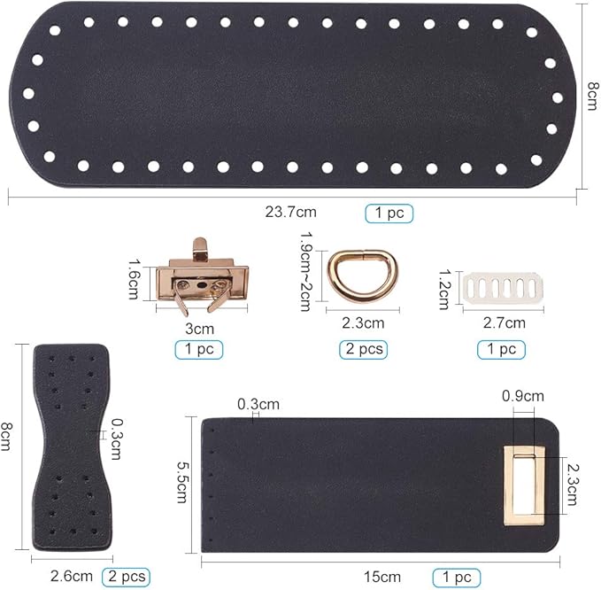 PandaHall DIY PU Leather Bag Knitting Set, Leather Bottom/26' Shoulder Strap/Bag Twist Lock/Flap Cover/Buckles for Crochet Handbag Tote, Black (7 Accessories)