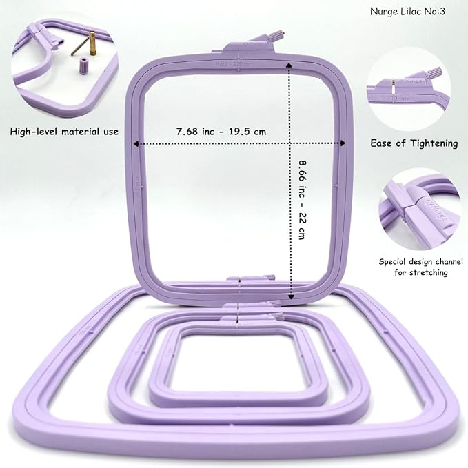 nurge square embroidery hoop - plastic cross stitch frame for needlepoint & embroidery - adjustable craft hoop - lilac - no:3 (medium)