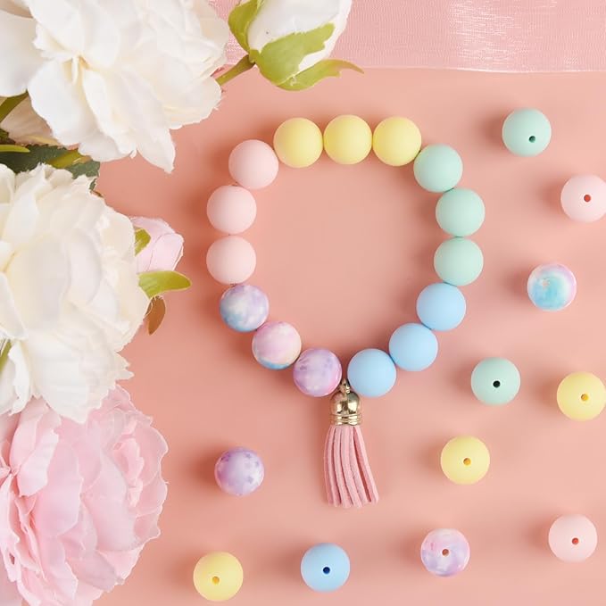 ASTARON 100 Pcs 15mm Silicone Beads for Keychain Making, Yellow Green Blue Pink Silicone Bulk Round Beads for Bracelets Pens Crafts