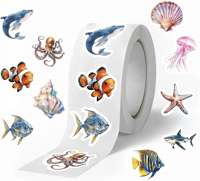 1000pcs ocean animal stickers roll, 2 rolls, 10 styles cartoon sea creature stickers, whales, octopus, sharks, jellyfish, clownfish, shells & fish decals for classroom rewards