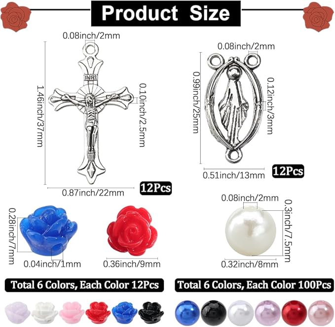 SUNNYCLUE 696Pcs Rosary Making Kits Vintage Crucifix Pendants Easter Cross Link Charms Rosary Crosses Red Pink Rose Bead Imitation Pearl Beads for Jewelry Making Supplies DIY Necklace Bracelets