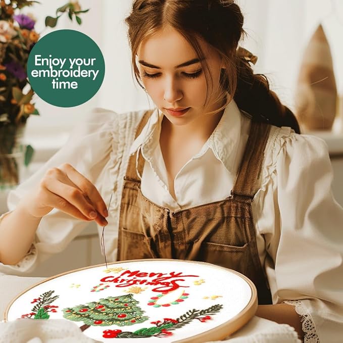 christmas embroidery kits: 1 pack cross stitch kit for beginners adults, diy ornaments craft kit with all tools & instructions, stamped hand embroidery starter kit for holiday crafts & xmas home decor
