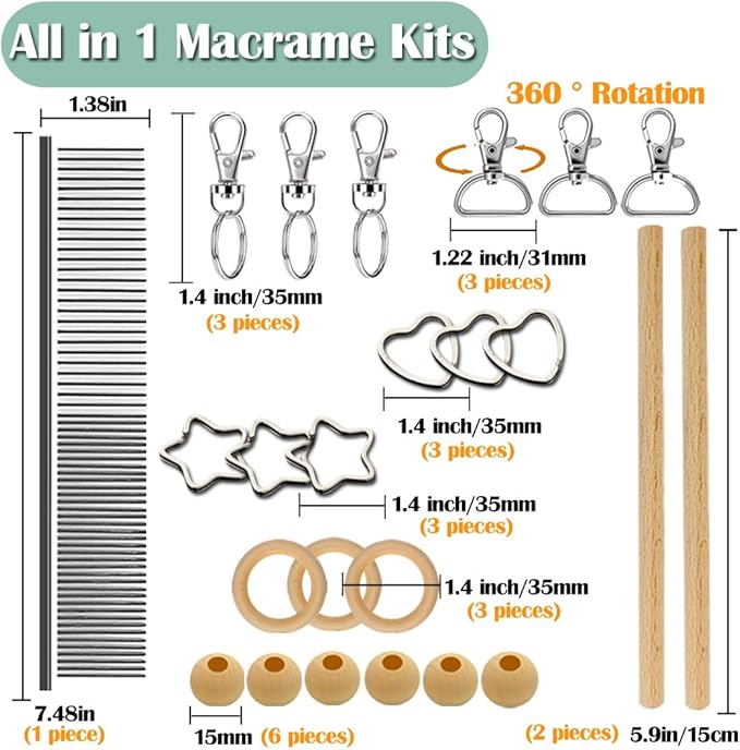 Ewparts Art Craft Macrame Kits for Adult Beginner with Instruction Book, Online Tutorials,Macrame Cord 3mm,Wood Ring/Beads,Wooden Dowel,Key Rings,Key Chain to Make Wall Hanging,Keycgain,Boho Dector