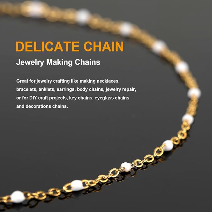 KYUNHOO 16.4 Feet/5M Stainless Steel Beaded Chain for Jewelry Making - Gold Plated Bulk Thin Cable Link With Findings for DIY Craft