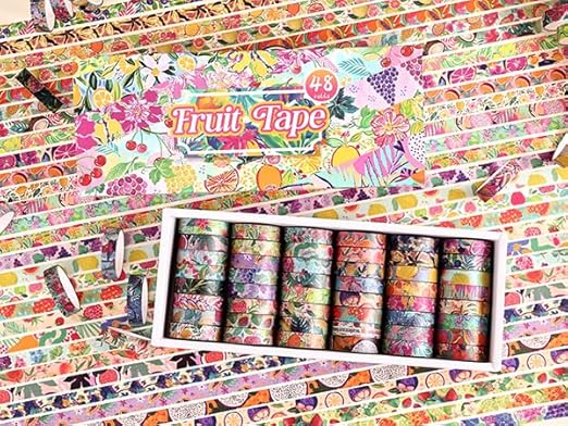 48 Rolls Fruit Theme Washi Tape Set, Writable Decorative Tapes for Scrapbooking, Junk Journal Supplies, Bullet Journaling, 0.39"x79" per Roll