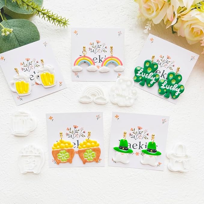 St. Patrick's Day Polymer Clay Cutters Set - 12pcs Lucky Shamrock Leprechaun Shapes for DIY Earring Jewelry Making, Soft Clay Crafts & Holiday Supplies