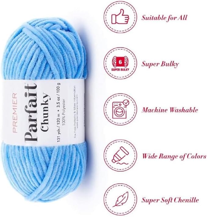 Premier Yarns Parfait Chunky Chenille Yarn 3.5 Oz 6 Super Bulky Weight 3 Pack Bundle with Bella's Stitch Place Holders (Blue)