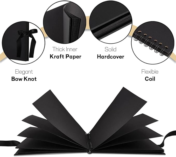 8 x 8 Inch Small Black Scrapbook Album, 40 Pages Photo Album with Black Pages, Kraft Paper Hardcover Memory Book with DIY Accessories Kit for Mother's Day Wedding Travel