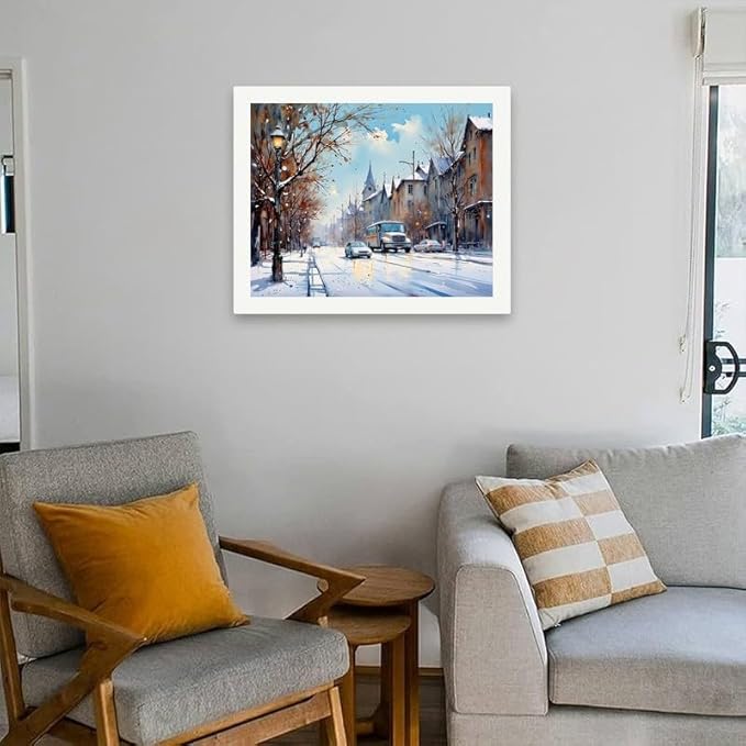 Winter Scene Paint by Numbers Kit for Adults - DIY Snowy City Street Painting on Rolled Canvas 16x20 Inches, Acrylic Paint Set, Suitable for Beginners, Urban Art for Home Decoration or Gifts.