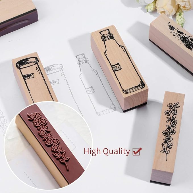UCEC Wooden Plant Patterns Rubber Stamp, Plant and Flower Decorative Vintage Wooden Rubber Stamp Set for DIY Craft Card Scrapbooking Supplies Photo Album, Hand Book, Planner, Scrapbooking, 7Pcs