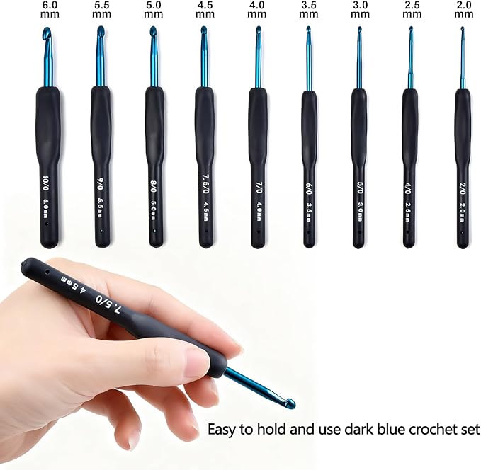 9 Sizes Crochet Hook Set,2mm-6mm Aluminum Crochet Kit for Beginners,Yarn Ergonomic Crochet Needles with Soft Grips for Arthritic Hands,Crochet Set with Small Tools,Ideal Crocheting Supplies,Dark Blue