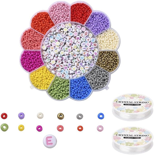 3370 Pcs 3mm Glass Seed Beads Bracelet Making Kit, Small Beads Friendship Jewelry Craft Kit with Letter Beads & Elastic Cord, DIY Art Craft Gift for Girls