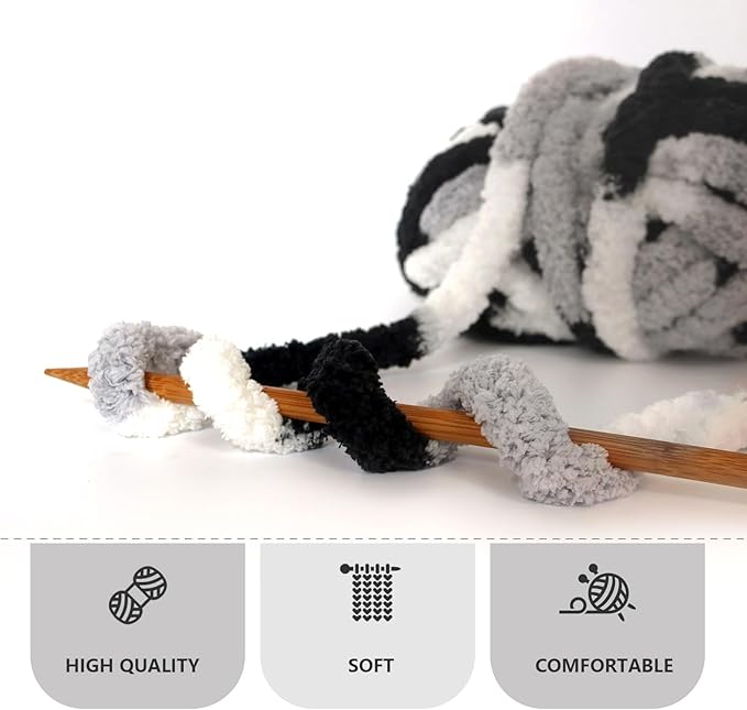 White+Light Gray+Black Chunky Chenille Yarn for Crocheting Bulky Thick Fluffy Yarn for Knitting,Super Bulky Hand Blanket,Soft Plush Yarn Crochet Carpet 8 Jumbo Pack(63.76oz/197.68yd