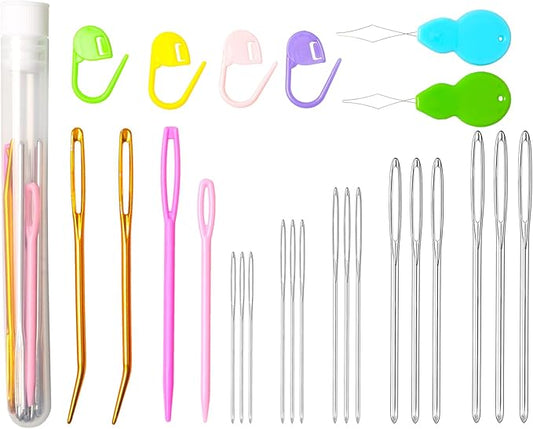 Hekisn 25Pcs Large Eye Blunt Yarn Needles Kit, Assorted Sizes Bent Tapestry Darning Needle & Stitch Markers & Threaders for Knitting, Crochet (White)