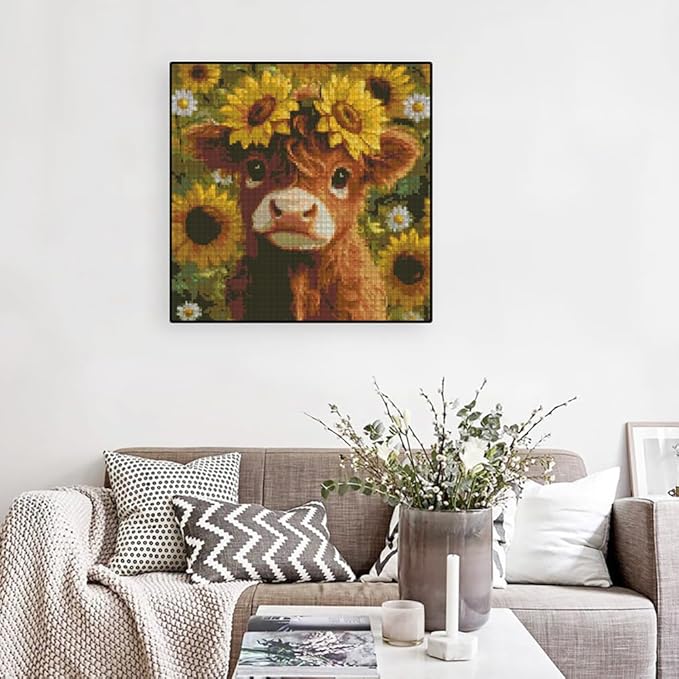 Cow Flowers Stamped Cross Stitch Kits - Needlepoint Counted Cross Stitch Kits for Beginners Adults Daisy Sunflower Pattern Crossstitching Dimensions Embroidery Kits Arts and Crafts