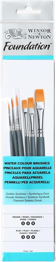 Winsor & Newton Foundation Watercolour Brush Set, Short Handle, Round & Flat, 6 Pack