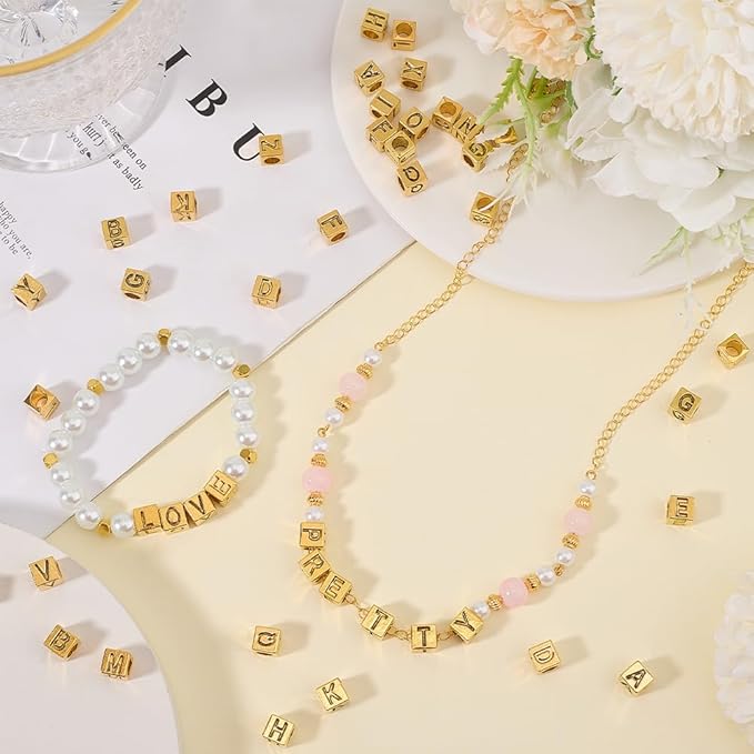 SUNNYCLUE 1 Box 104Pcs 26 Styles Gold Alphabet Beads Square Letter Bead Set Metal Alloy Antique Cube A to B Charm Large Hole Loose Spacer Beads for Jewelry Making Necklace Bracelets DIY Craft Supplies