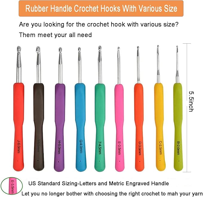 KOKNIT Crochet Hooks Set with Storage Case - 9 Soft Grip Ergonomic Crochet Needles,12 Coloured Aluminum Yarn Crocheting Crochet Hooks,Crochet Kit with Crochet Supplies and Accessories