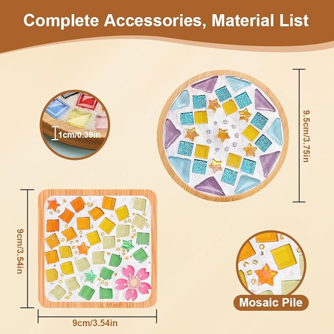 Adboros 8 Sets DIY Glass Mosaic Tiles for Crafts Mixed Color Mosaic Kits with Wooden Coaster for Adults Bamboo Coaster for Drinks Tray Handmade Home Decoration
