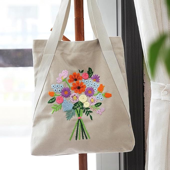CREAWONDER Canvas Tote Bag Embroidery Kit with Pattern for Beginners, Arts and DIY Embroidery Crafts Kits for Adults, Include Instructions, Thimble, Embroidery Hoops, Color Threads and Tool