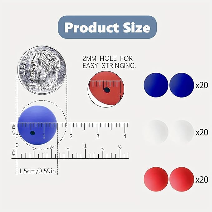 KnvsS 60pcs Silicone Beads Kit - Blue, Red, White - Round - Medium - Beads - Craft Bead - Keychain, Bracelet, Necklace - DIY Gift