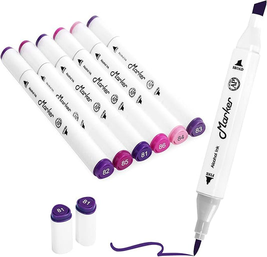 Purple Pink Alcohol Markers, 6 Pack Dual Tips Soft Fine Tip and Broad Tip Permanent Art Marker for Artists Adults Coloring Drawing Illustration Sketching Painting (Purple)