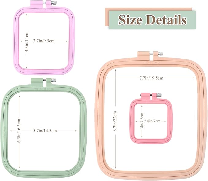 zocone 4 pcs 4 size square embroidery hoops, abs plastic embroidery hoops cross stitch hoops embroidery frames for sewing, needlework, embroidery projects (size-3", 4.3", 6.5", 8.7")