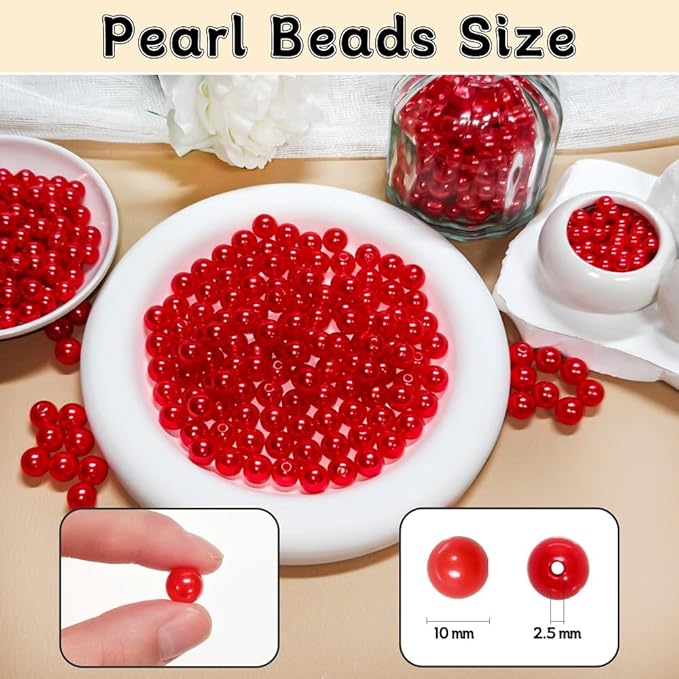 Pearl Beads for Jewelry Making Holes ABS Craft Beads with Holes for Jewelry Making, Bracelet, Necklace Crafting Bulk Bead Kit (10mm, Red/450 pcs)