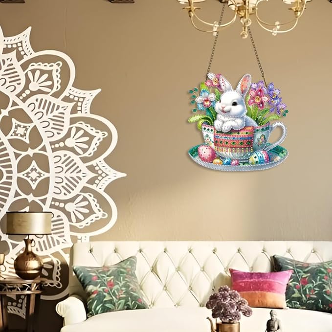 STGLCR Easter Egg Diamond Art Hanging Kit for Adult, DIY Acrylic Rabbit Diamonds Painting Ornament Pendant Board Kit Flower Diamond Painting Window Pendants Home Garden Wall Hanging Kits Ornament