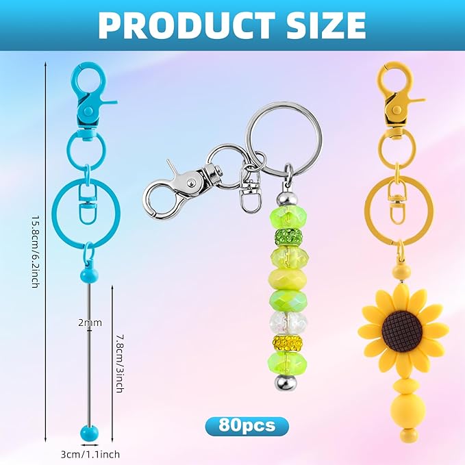 80 Pcs Beadable Keychains Bulk Kit – DIY Keychain Making Supplies with Metal Blanks for Crafts, Jewelry, Charms, Custom Projects – Blank Chain Bars for Beaded Keychain Design (Multicolor)