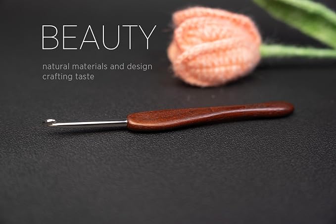 SEVENSUN Mimosa 4.5mm Single Crochet Hook, Available in 0.6mm-6.5mm, Ergonomic Hand Polished Stainless Steel Inline Pointy Wood Handle Crochet Hook for Arthritic Hands, Mother's Day Gifts for Mom