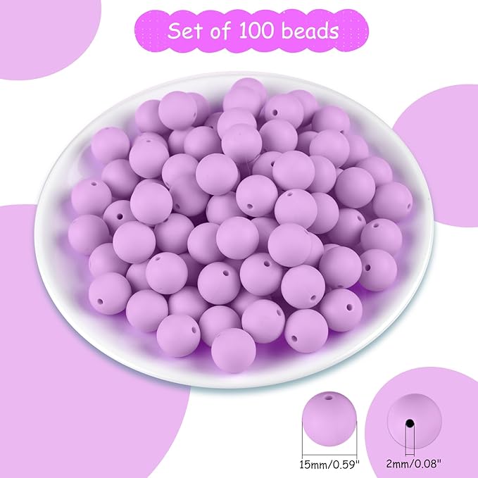 ASTARON 100 Pcs 15mm Silicone Beads for Keychain Making, Taro Purple Round Rubber Beads for Bracelets Beadable Pens Decorations Crafts Making Party Favours Supplies