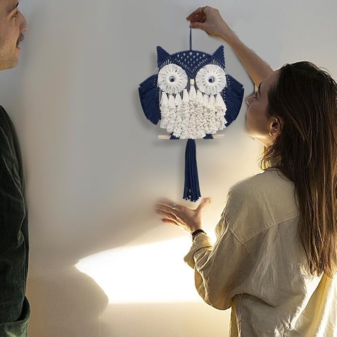 FREEBLOSS DIY Macrame Owl Kit with Video Tutorial Macrame Wall Hanging Ornament Boho Wall Hanging Decor Navy Blue&White Macrame Tapestry Gift Macrame Kit for Beginners