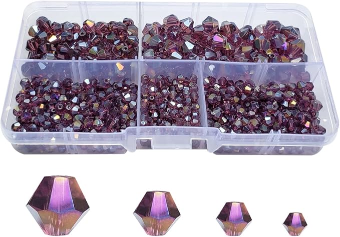 Purple Bicone Glass Beads for Jewelry Making, Faceted Crytal Spacer Beads for Bracelet Necklace Earring (3mm 4mm 6mm 8mm Mixed Sizes, 1040pcs)