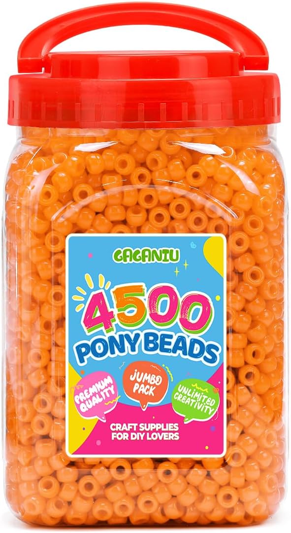 pony beads 2.5 lb bulk –4500 pcs orange 6x9mm plastic kandi beads in handle bucket for craft supplies, jewelry making, bracelets, hair braiding & diy projects