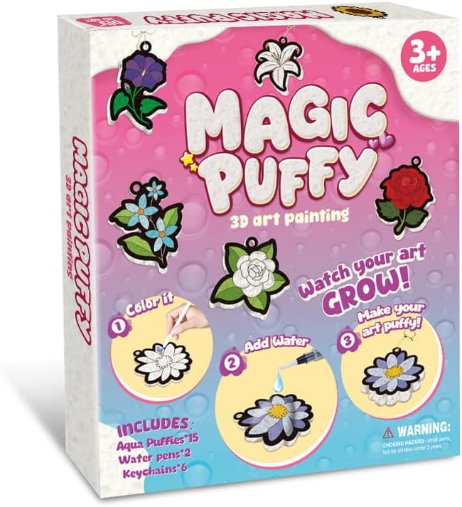 MZYTOZA Magic Foam Texture Painting Kit - 3D Art Craft Aqua Magic Puffs Paint Kit, 15 Mess-Free Paint by Number Craft for Kids (Flowers)