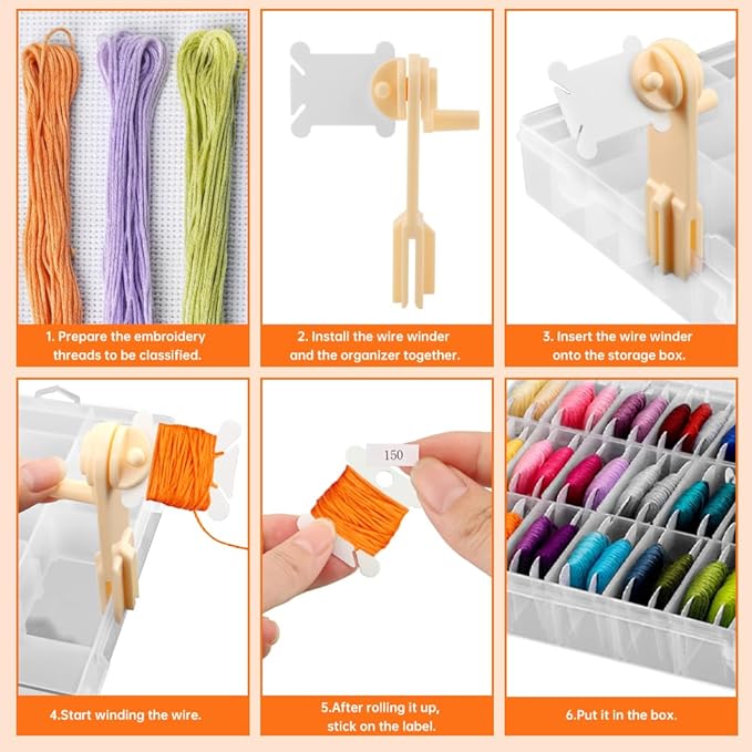 Embroidery Floss Organizer, Cross Stitch Thread Storage Set with 100 Pcs Floss Bobbins, Winder, Marker and Stickers, Removable 24 Compartments Case for Craft DIY Sewing Storage