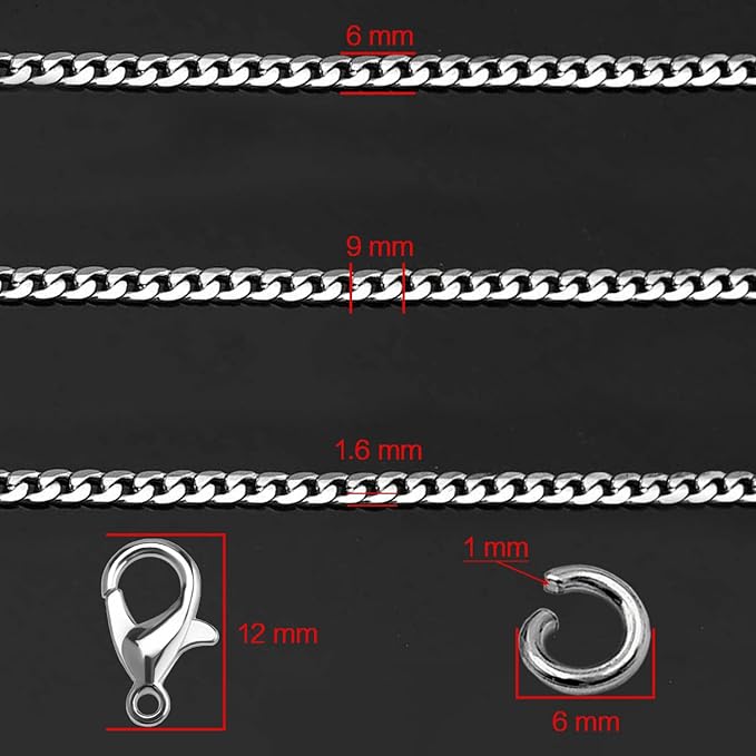 jishi 16ft cuban link chain roll 6mm silver stainless steel necklace chains for jewelry making, diy necklace bracelet crafts supplies findings, metal cuban link chain w/lobster clasps, jump rings