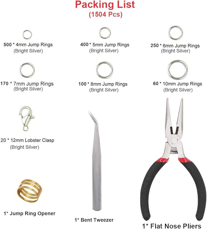 EuTengHao 1504pcs Jewelry Repair Tools Kit with Jewelry Pliers, Jump Rings Opener, Tweezers, Lobster Clasps, Bright Silver
