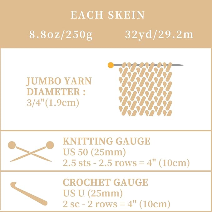 SUNTQ 8 Pack Jumbo Chunky Chenille Yarn for Crocheting, Bulky Thick Fluffy Yarn for Hand Knitting Blanket, Soft Plush Knitting Yarn for Scarf,Home Decor, Khaki(32 yds,8.8 oz Each Skein)