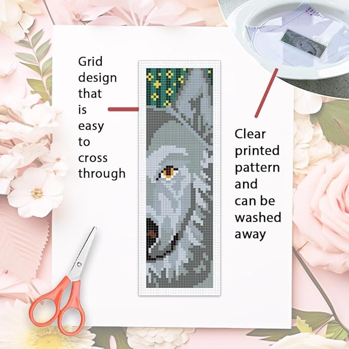 ORIGACH 6 Set Wolf & Forest Cross Stitch Bookmark Kit for Beginner with Backing Felt Floss Instructions DIY Stamped Embroidery Bookmark Kit for Adults, Book Lovers