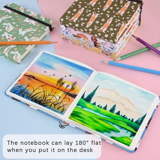 4.8" x 4.8" Hardcover Sketchbook,Small Mixed Media Sketch Pad,96 Sheets 80gsm Acid-Free Artist Travel Journal Pocket Blank Notepad for Adults Drawing Painting,Art Supplies.Lake Blue Cat
