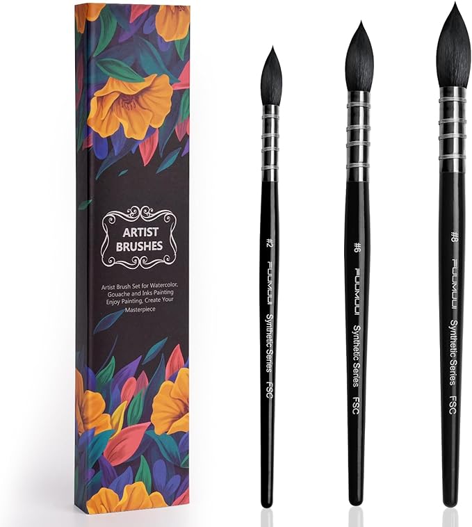 Watercolor Brushes Set, 3Pcs Fuumuui Round Quill Mop Fine Tips Watercolor Paint Brush, Soft Synthetic Squirrel Bristles, Short Handles for Watercolor Gouache Ink Painting - Sizes #2 6 8